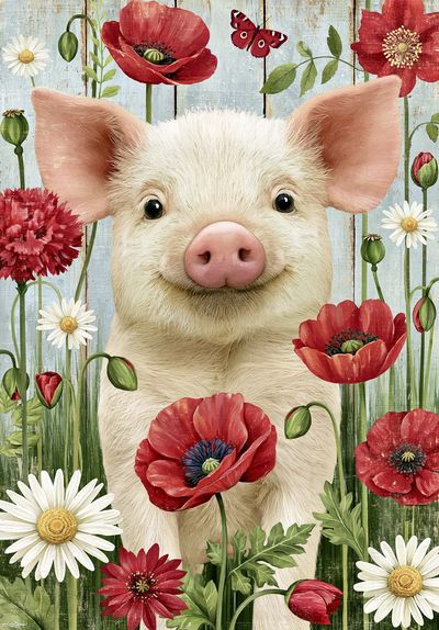 Pig in Wildflowers Illustration Poster.