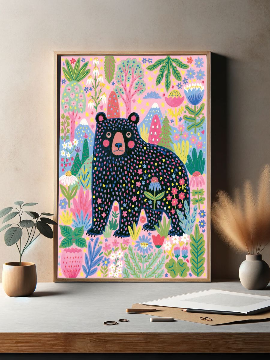 Bear in Bloom Illustration Poster. — room view 2