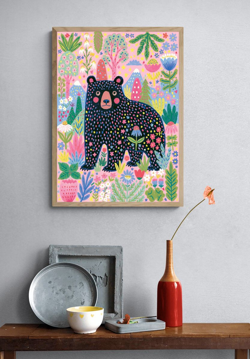 Bear in Bloom Illustration Poster. — room view 3