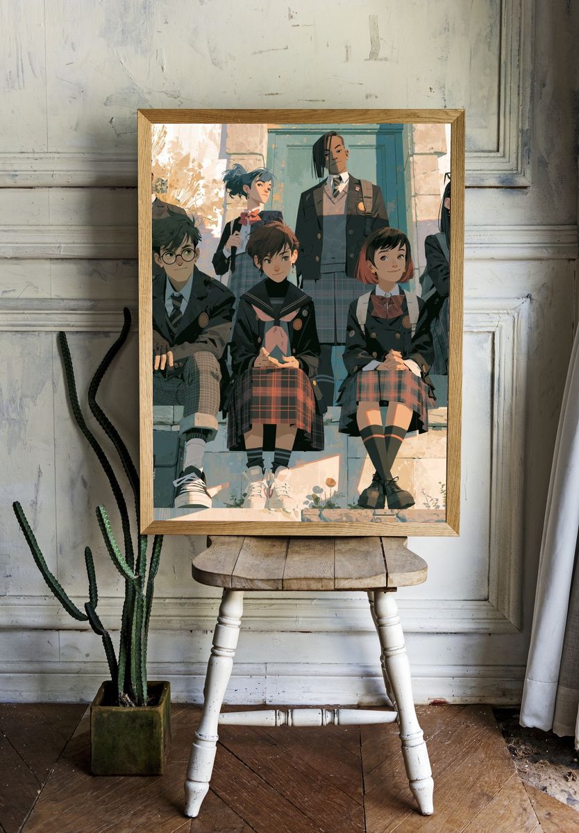 Anime School Friends Digital Art Poster. room preview