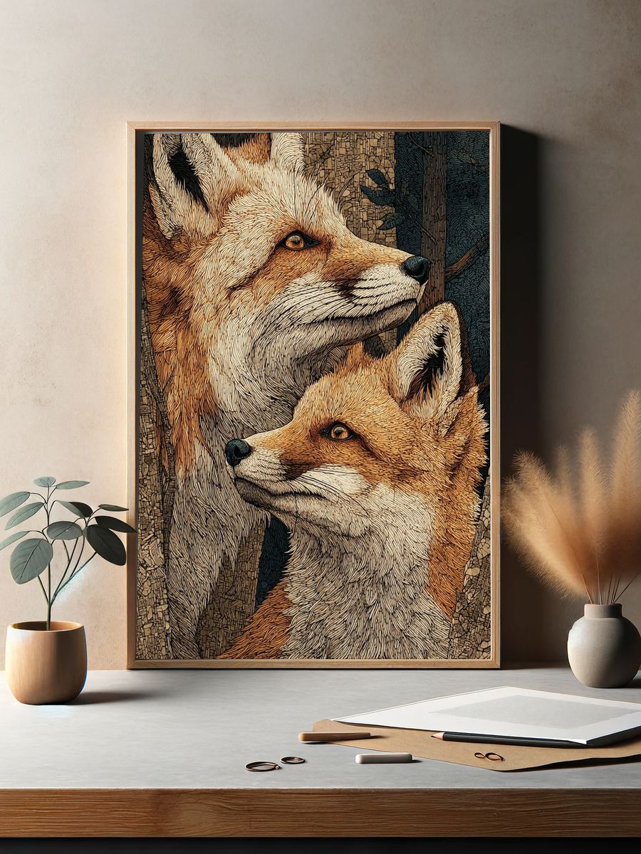 Fox Pair Illustration Poster. — room view 2