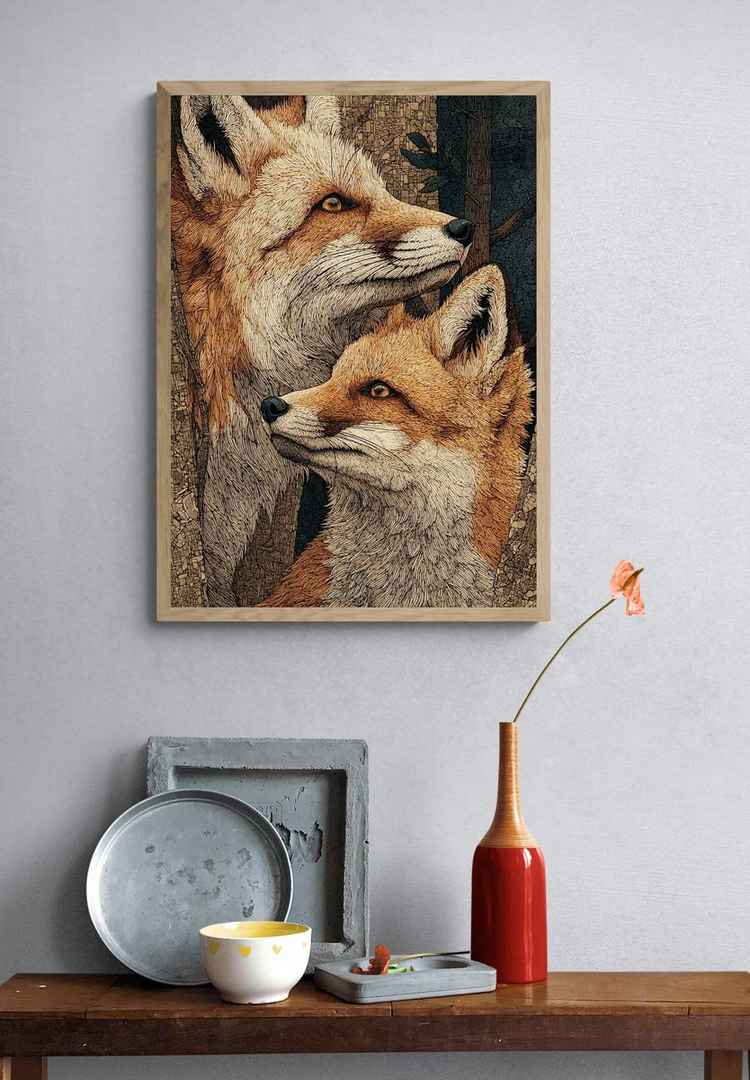 Fox Pair Illustration Poster. — room view 3