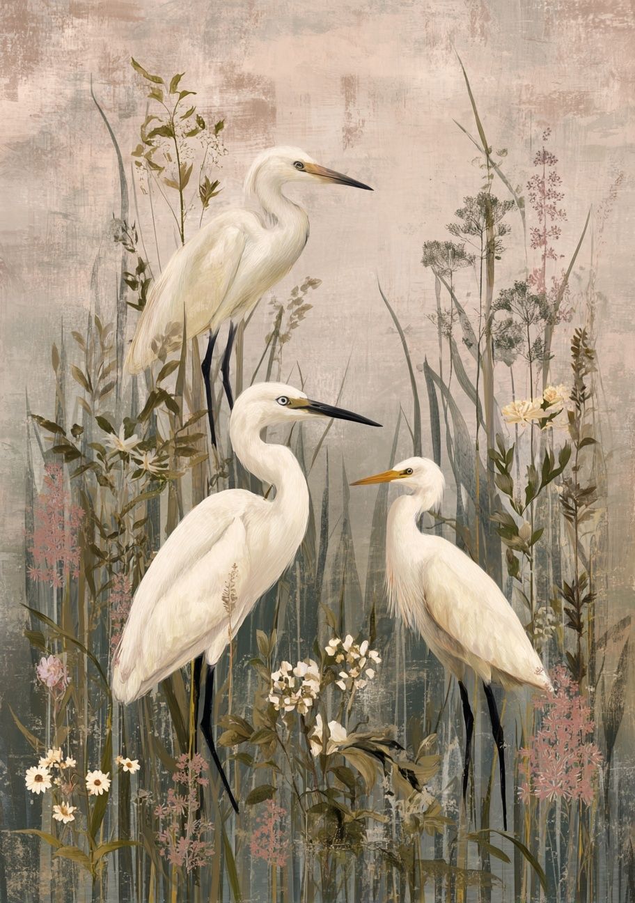 Egrets in Meadow Illustration Poster. poster — animals art
