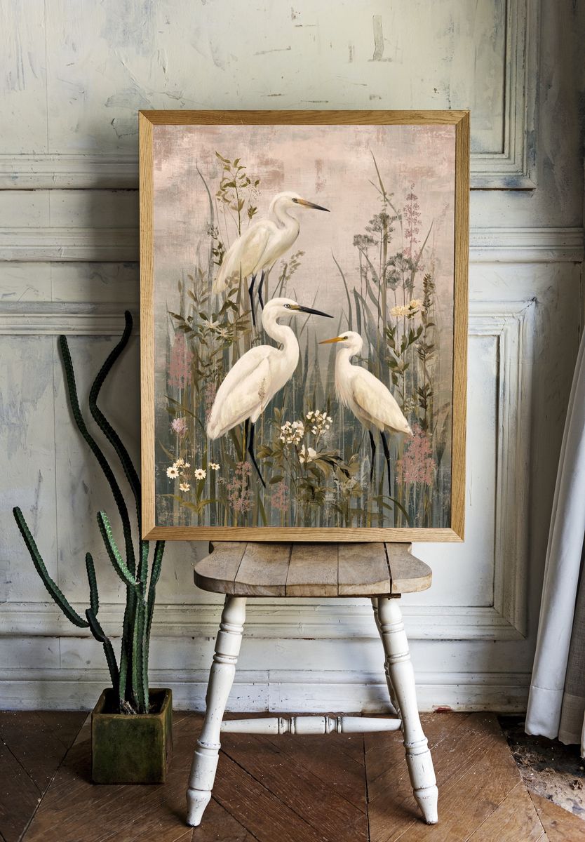 Egrets in Meadow Illustration Poster. — room view 1