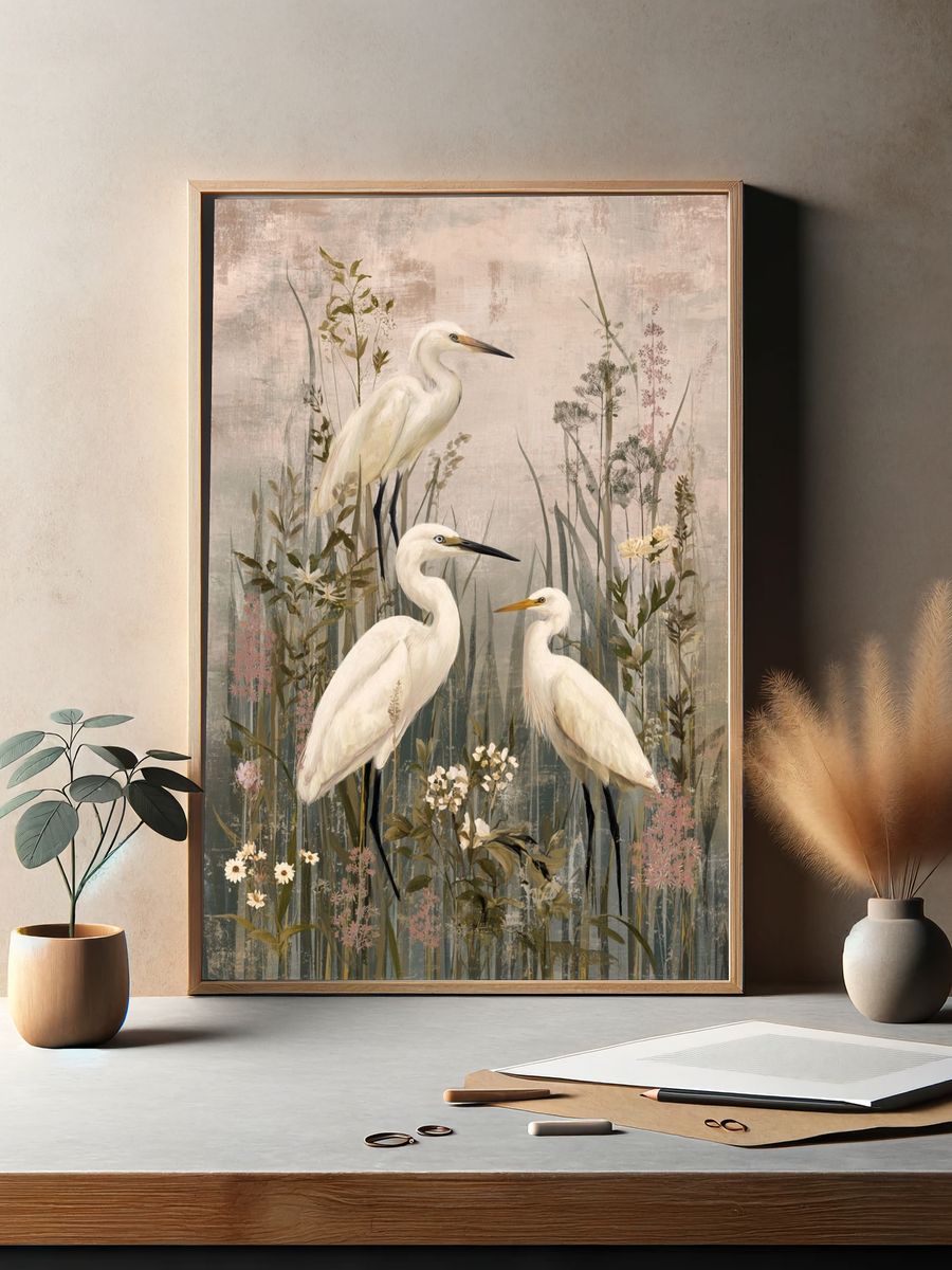 Egrets in Meadow Illustration Poster. — room view 2