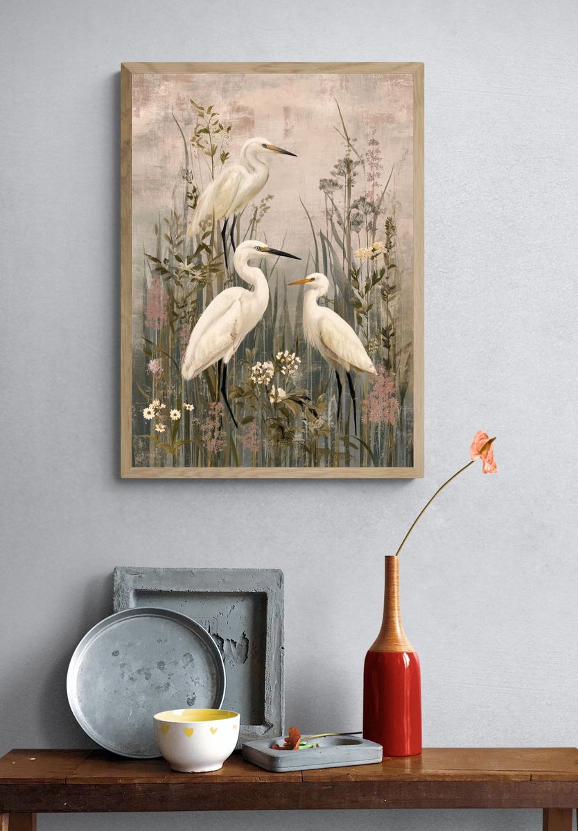 Egrets in Meadow Illustration Poster. — room view 3