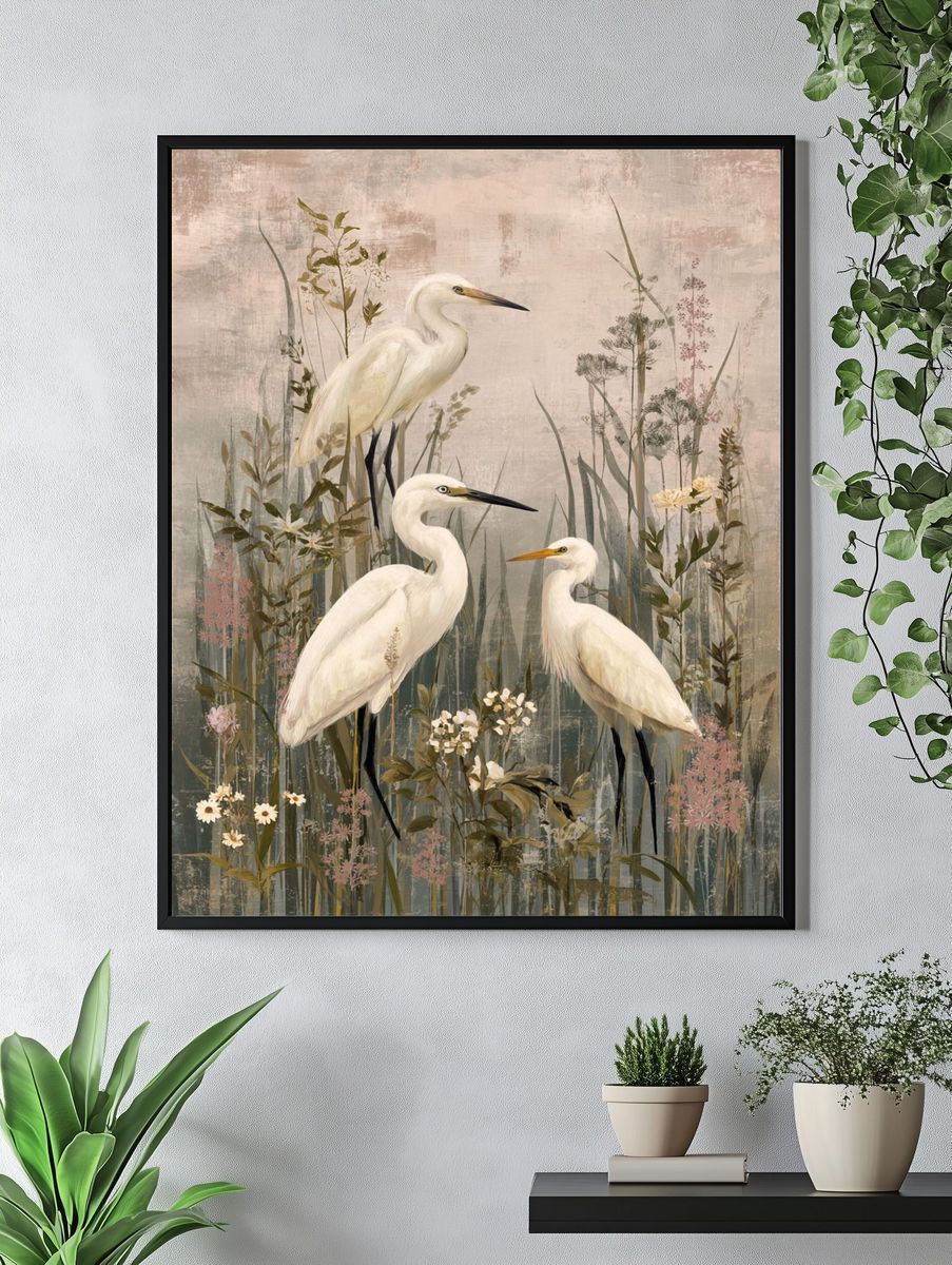 Egrets in Meadow Illustration Poster. — room view 4