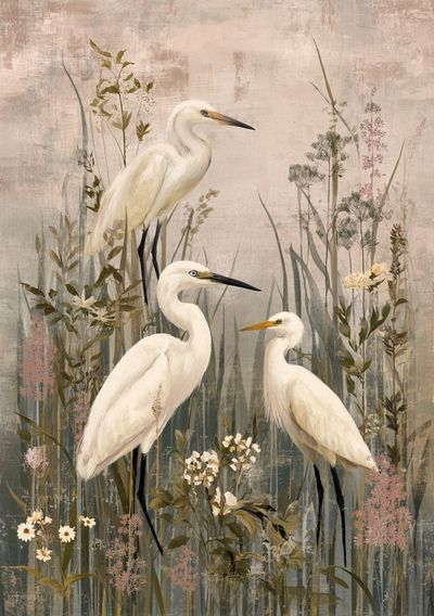 Egrets in Meadow Illustration Poster.
