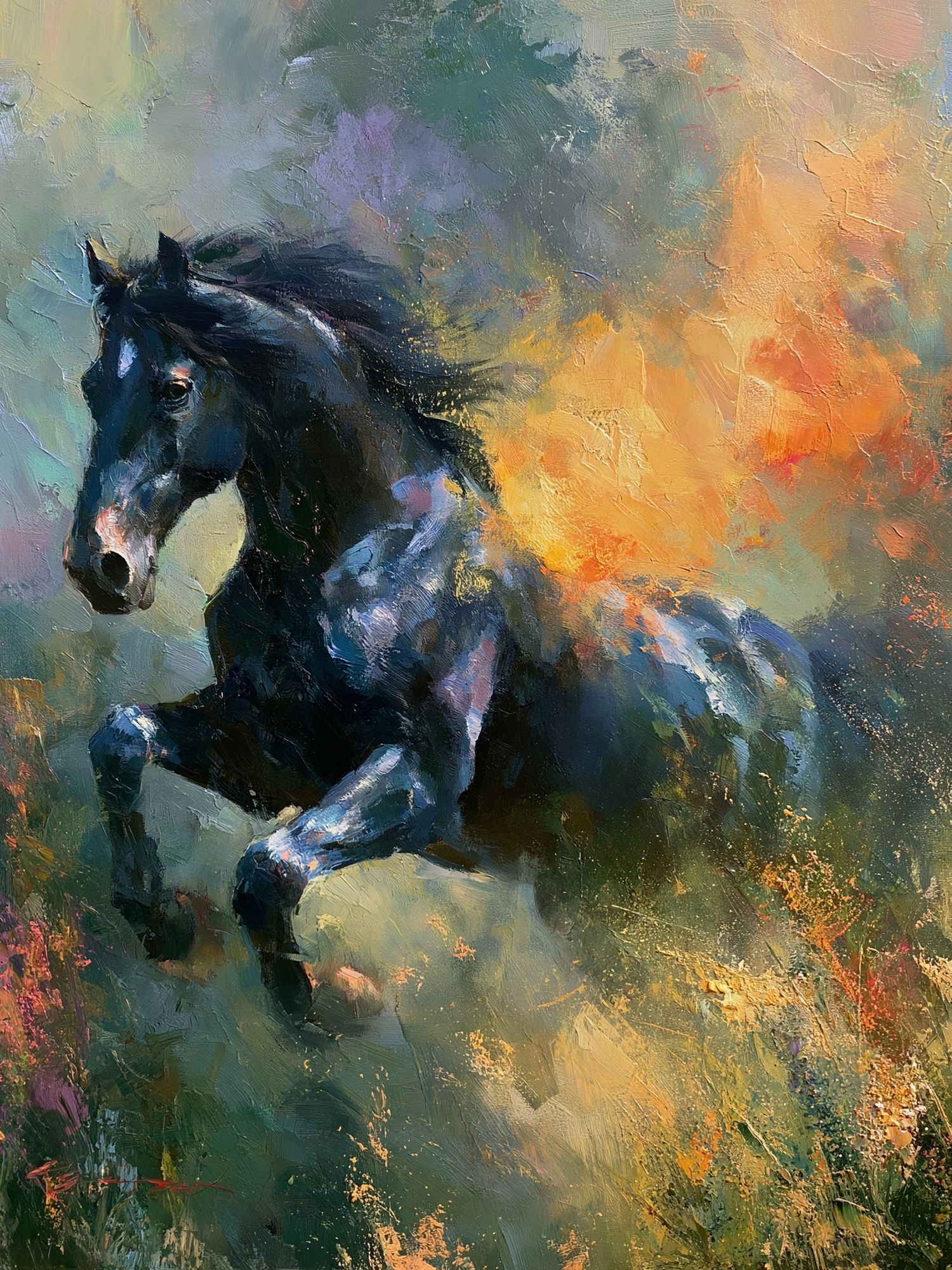 Black Horse in Bloom Fine-Art Poster. poster — animals art