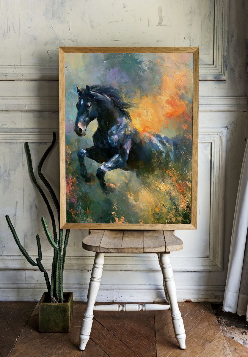 Black Horse in Bloom Fine-Art Poster. room preview
