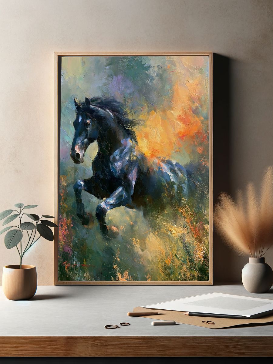 Black Horse in Bloom Fine-Art Poster. — room view 2