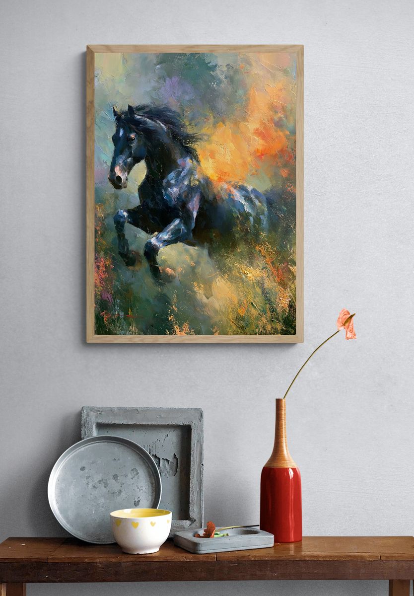 Black Horse in Bloom Fine-Art Poster. — room view 3