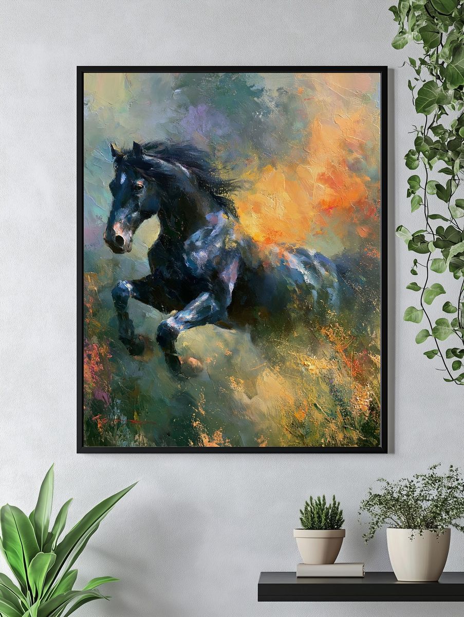 Black Horse in Bloom Fine-Art Poster. — room view 4