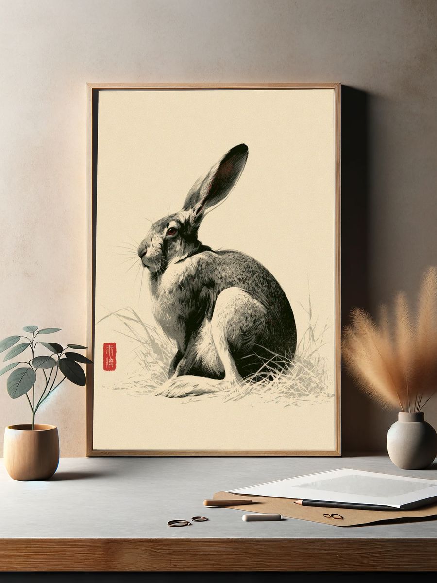 Hare Ink Illustration Poster. — room view 2