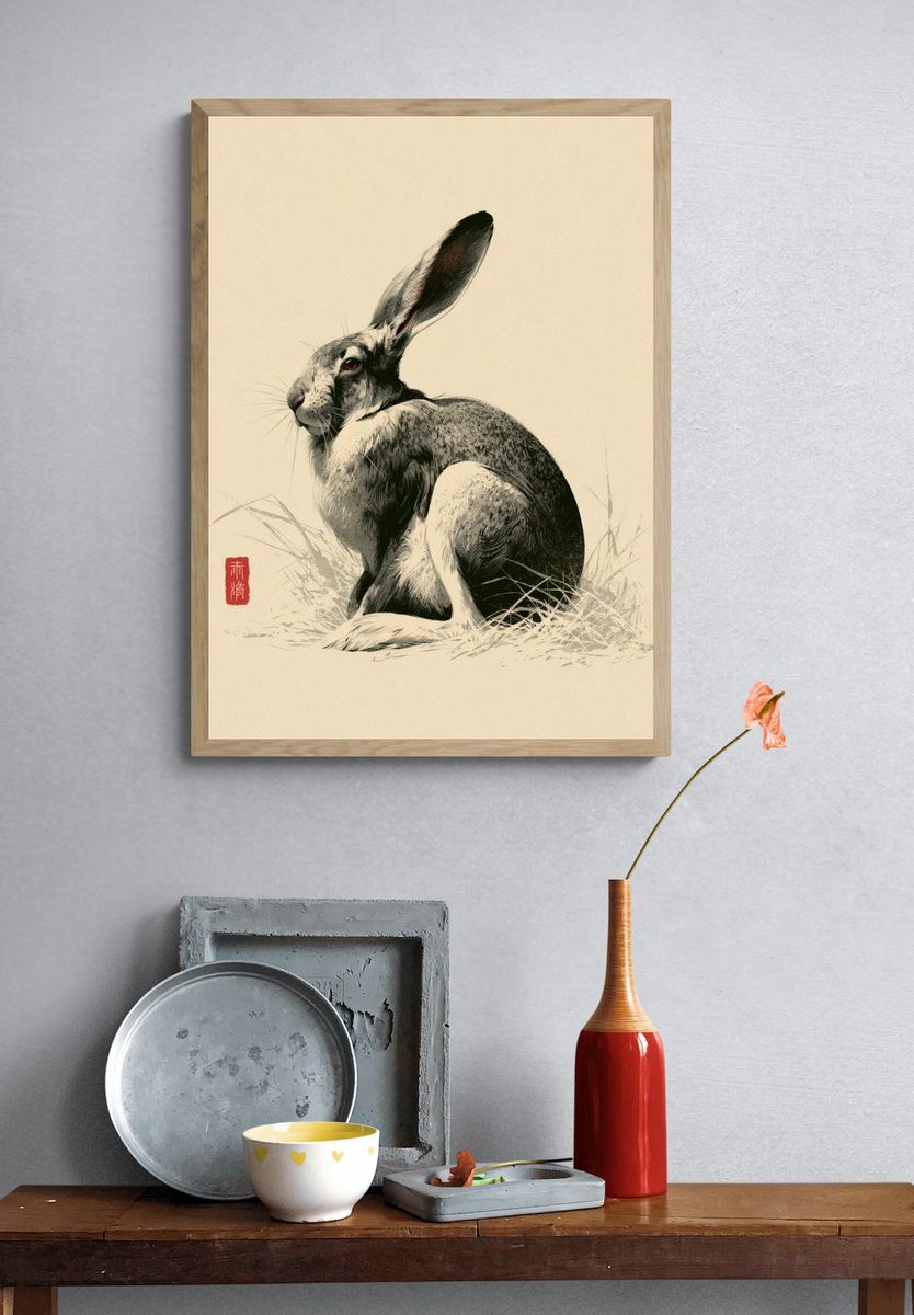 Hare Ink Illustration Poster. — room view 3