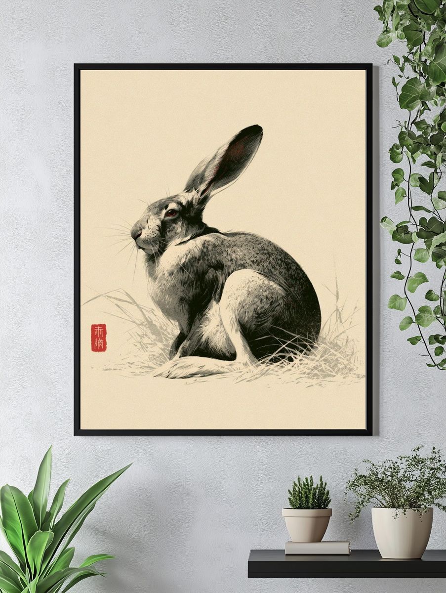 Hare Ink Illustration Poster. — room view 4