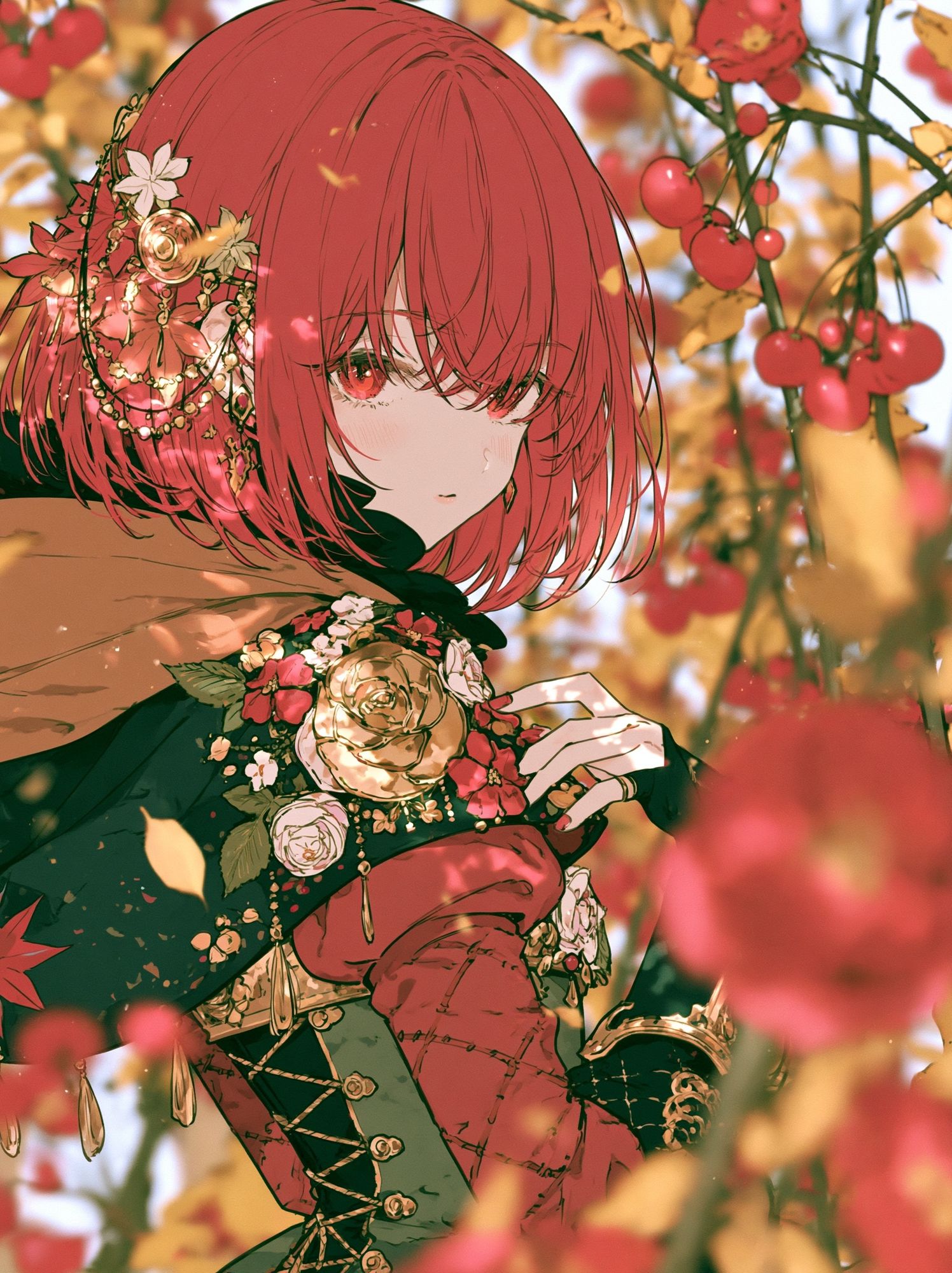 Red-Haired Floral Anime Portrait Poster. poster — anime art