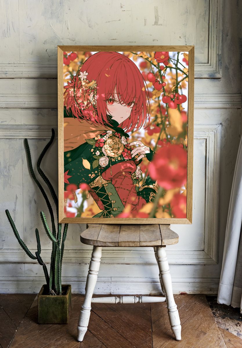 Red-Haired Floral Anime Portrait Poster. — room view 1