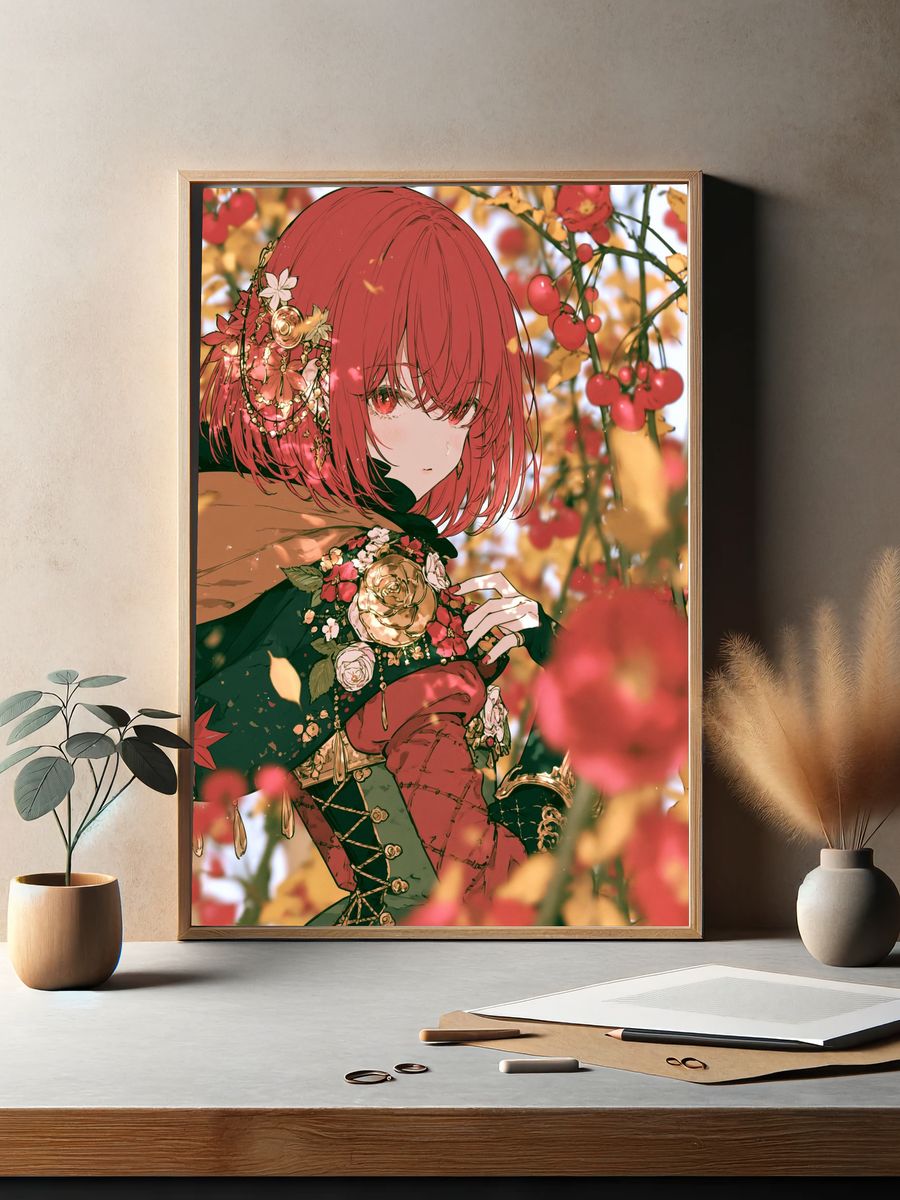 Red-Haired Floral Anime Portrait Poster. — room view 2