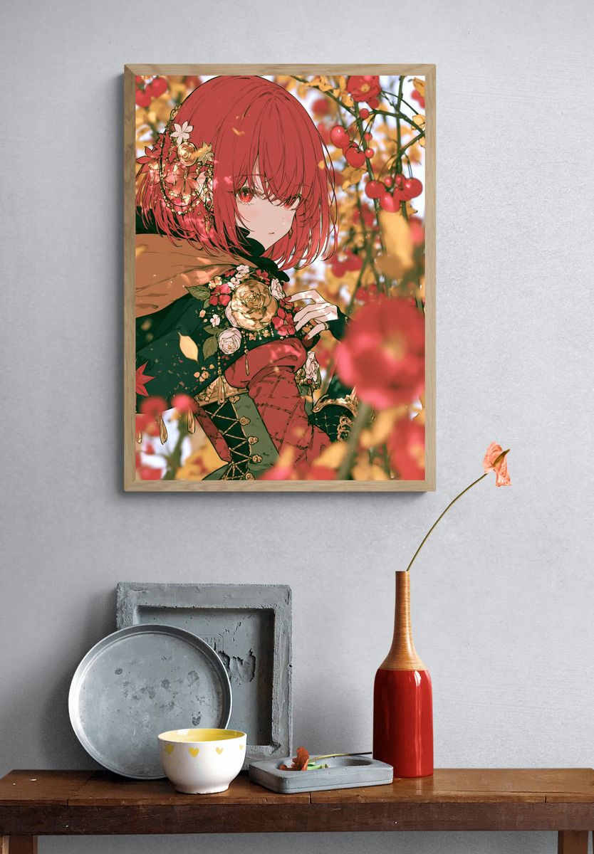 Red-Haired Floral Anime Portrait Poster. — room view 3