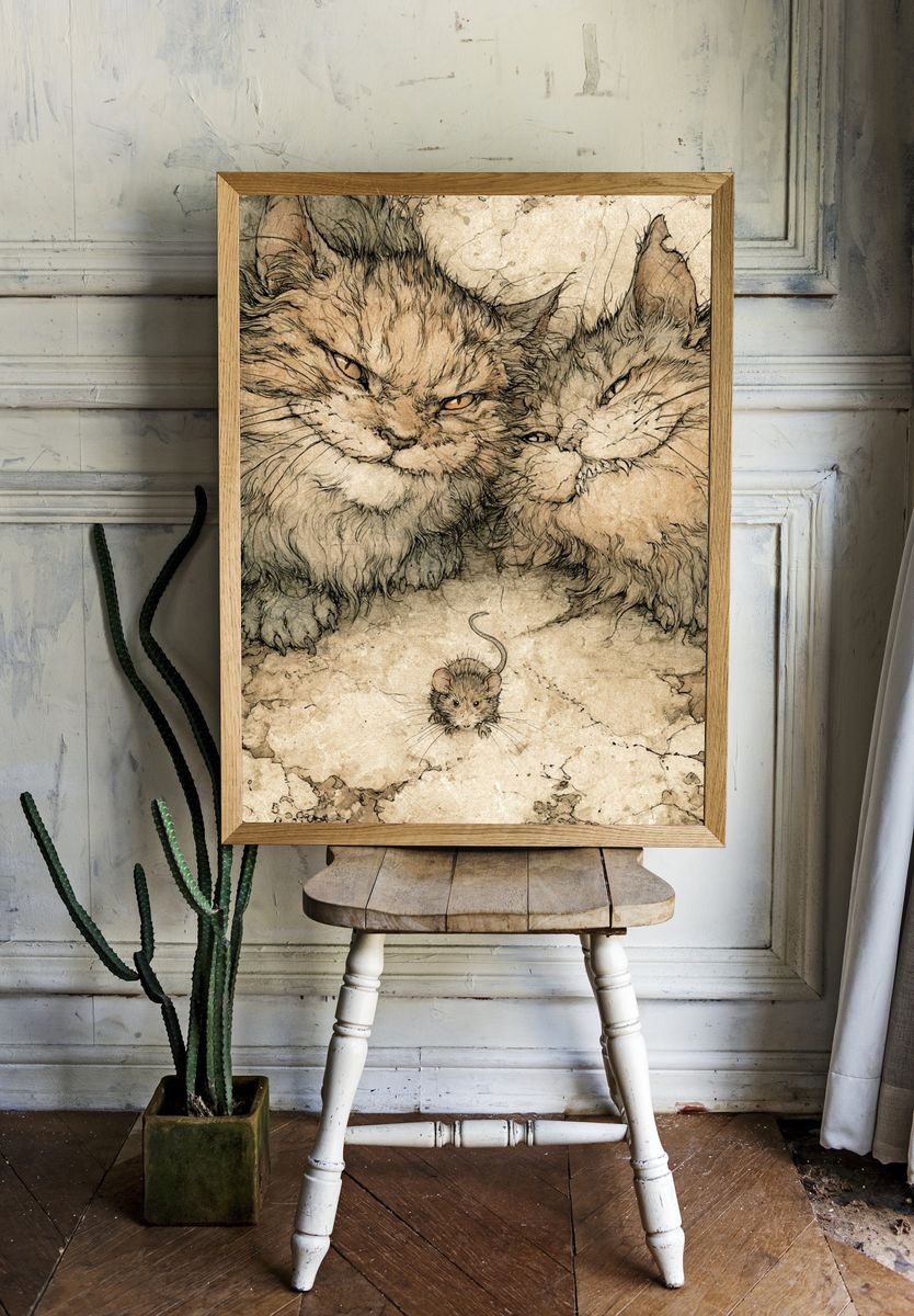 Cats and Mouse Illustration Poster. room preview