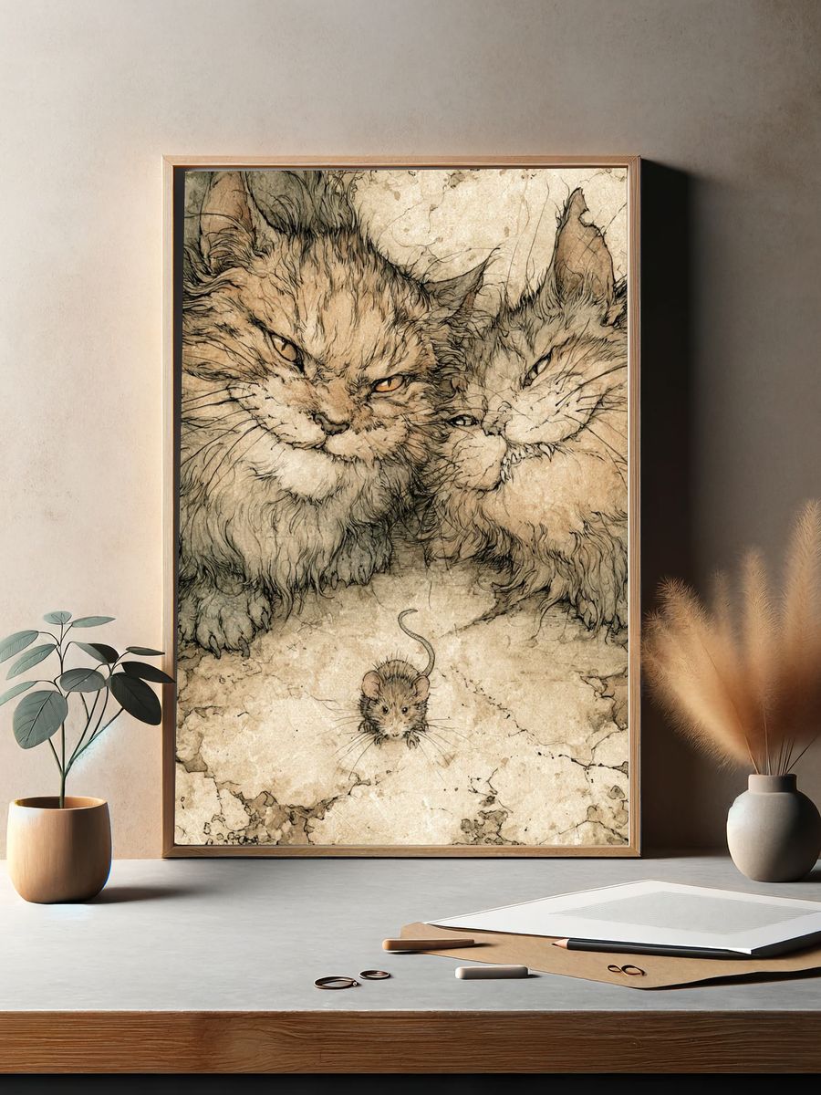 Cats and Mouse Illustration Poster. — room view 2