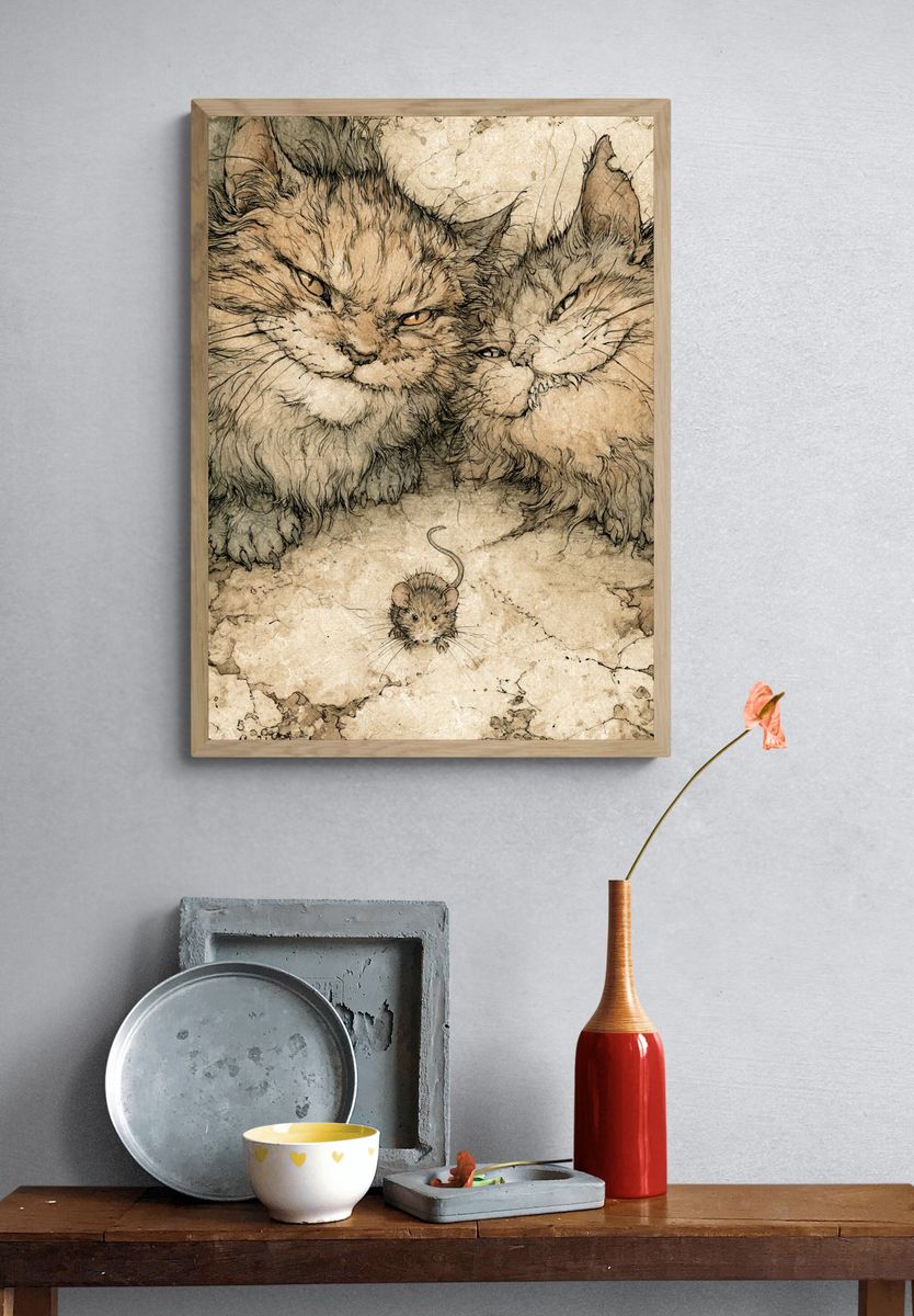 Cats and Mouse Illustration Poster. — room view 3