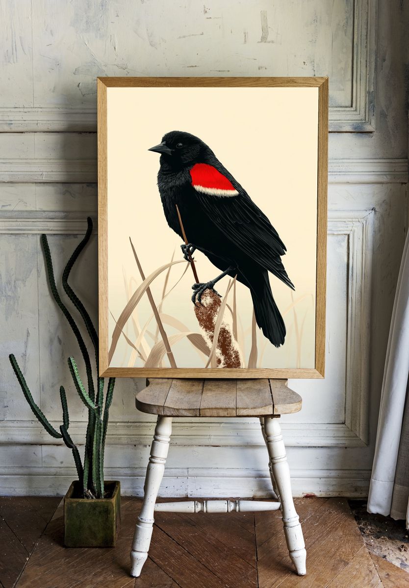 Red-Winged Blackbird Illustration Poster. — room view 1