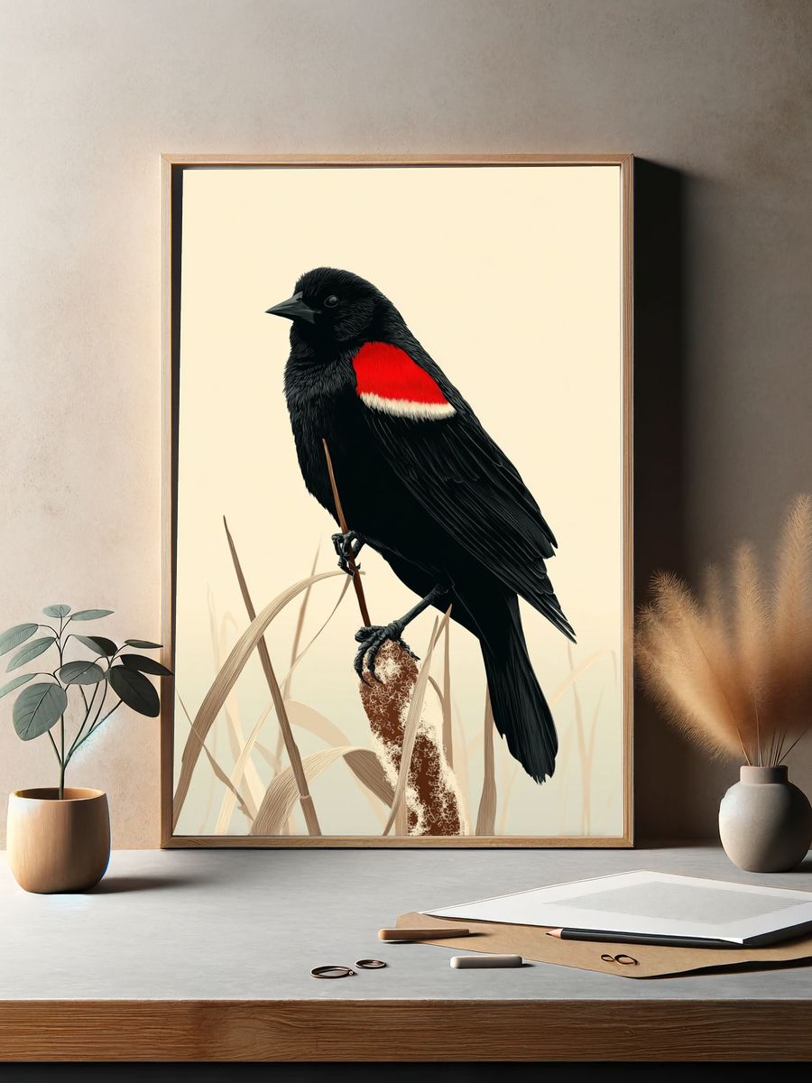 Red-Winged Blackbird Illustration Poster. — room view 2