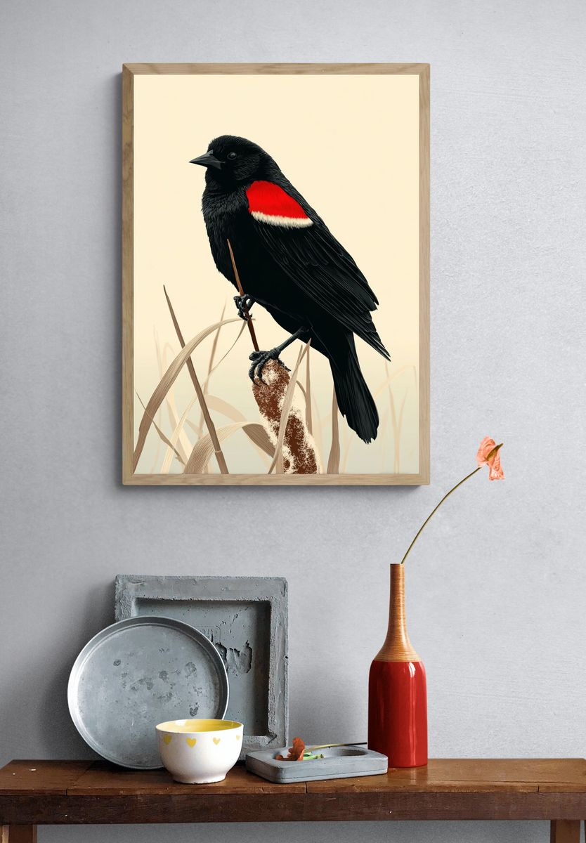 Red-Winged Blackbird Illustration Poster. — room view 3