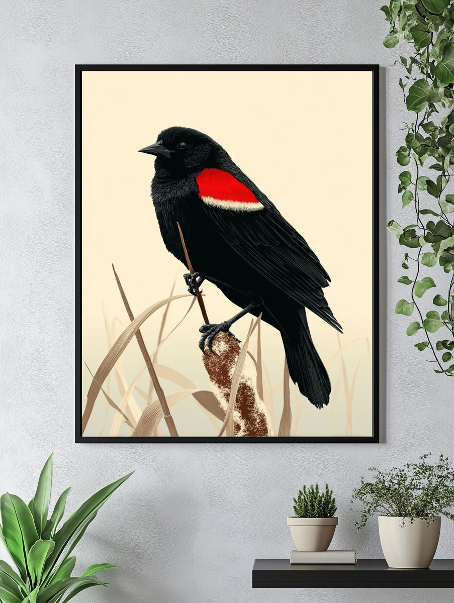 Red-Winged Blackbird Illustration Poster. — room view 4