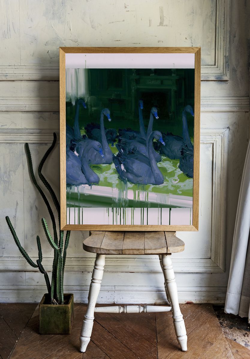 Swans in Green Pond Poster. — room view 1