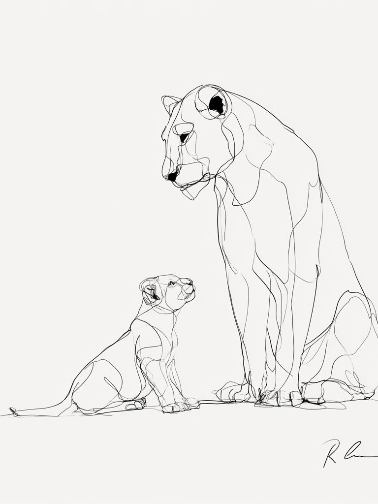 Lioness and Cub Line Art Poster. poster detail