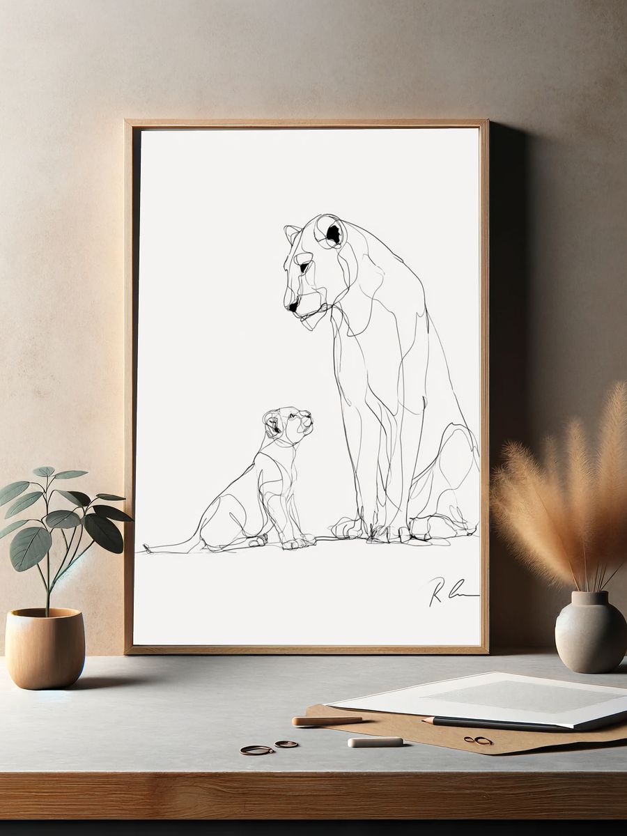 Lioness and Cub Line Art Poster. — room view 2