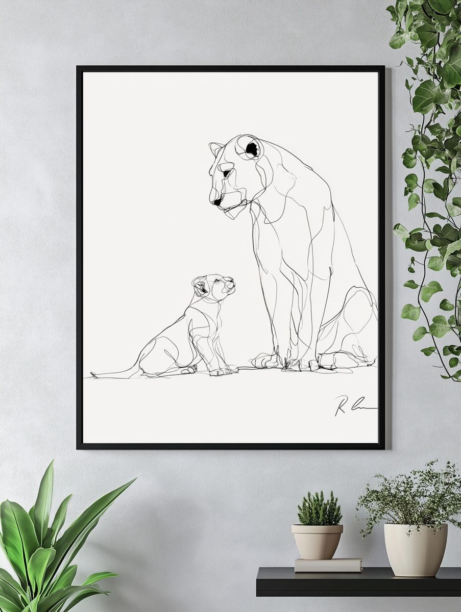 Lioness and Cub Line Art Poster. — room view 4