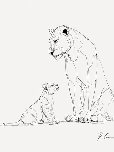Lioness and Cub Line Art Poster. poster