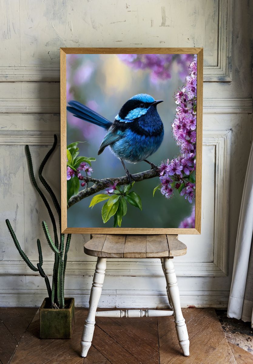 Blue Wren Blossom Poster. — room view 1