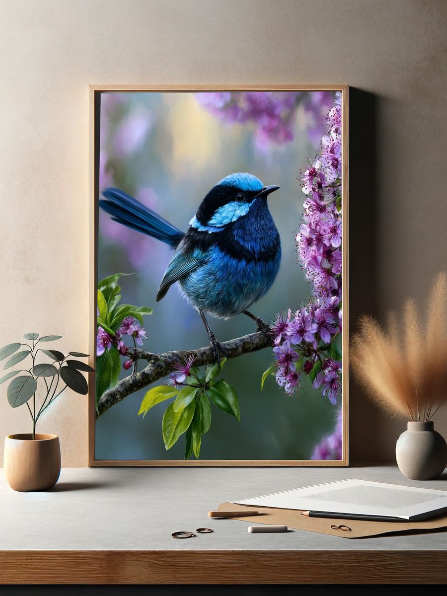 Blue Wren Blossom Poster. — room view 2