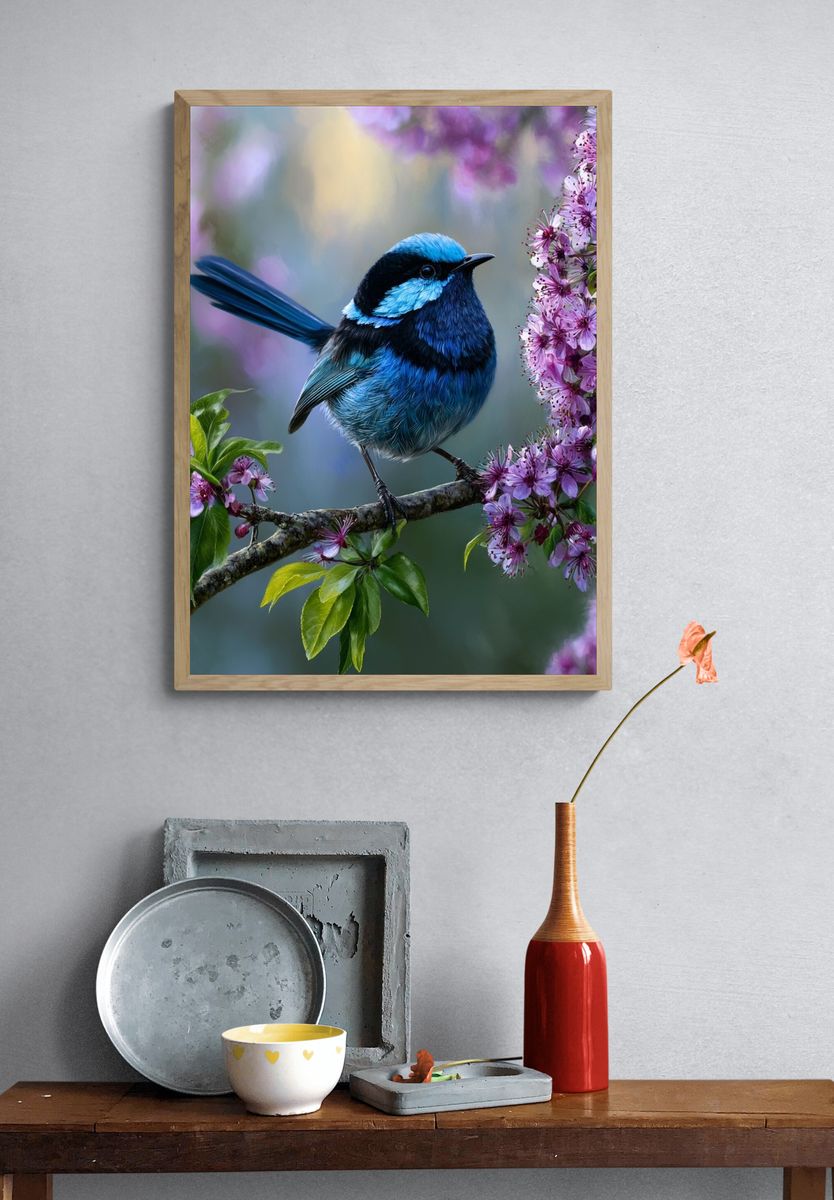 Blue Wren Blossom Poster. — room view 3