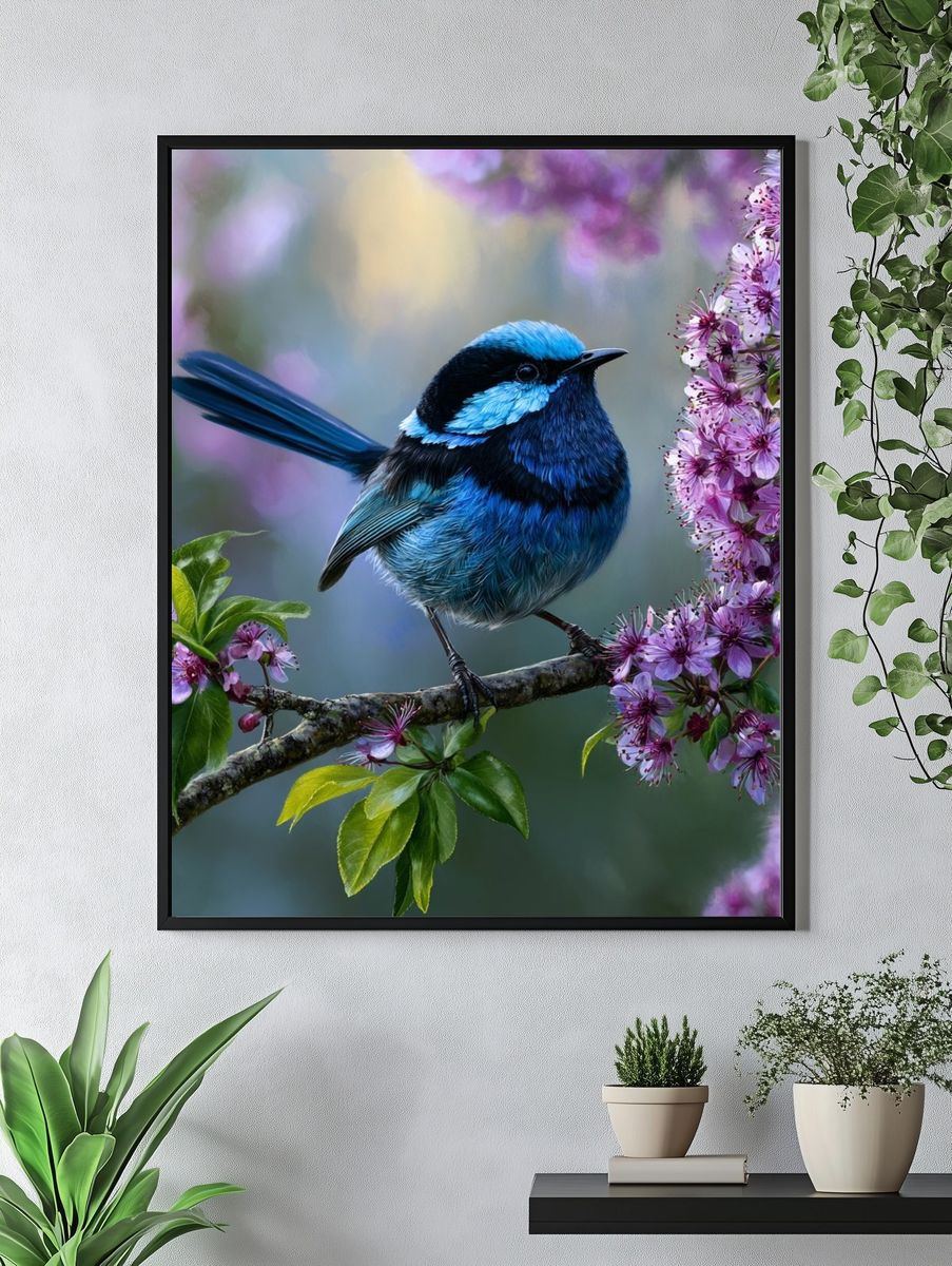 Blue Wren Blossom Poster. — room view 4