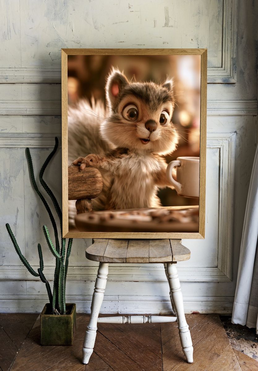 Cute Squirrel with Mug Illustration Poster. room preview