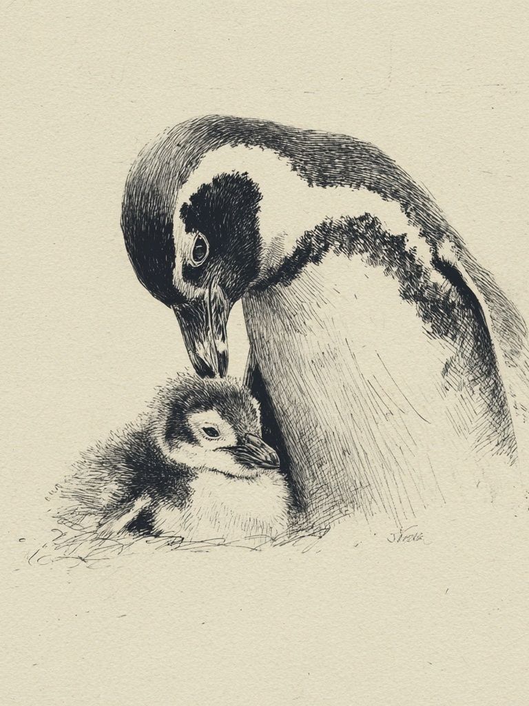 Penguin Parent and Chick Ink Print. poster detail