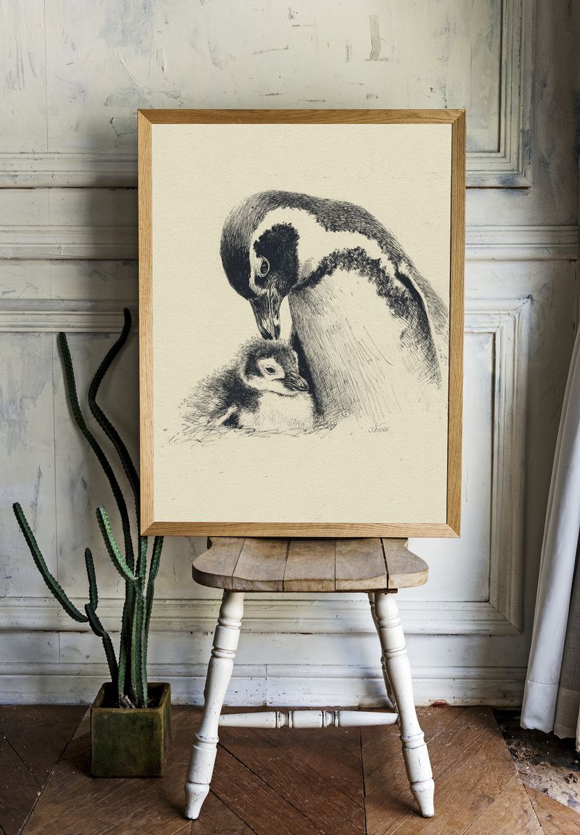 Penguin Parent and Chick Ink Print. room preview