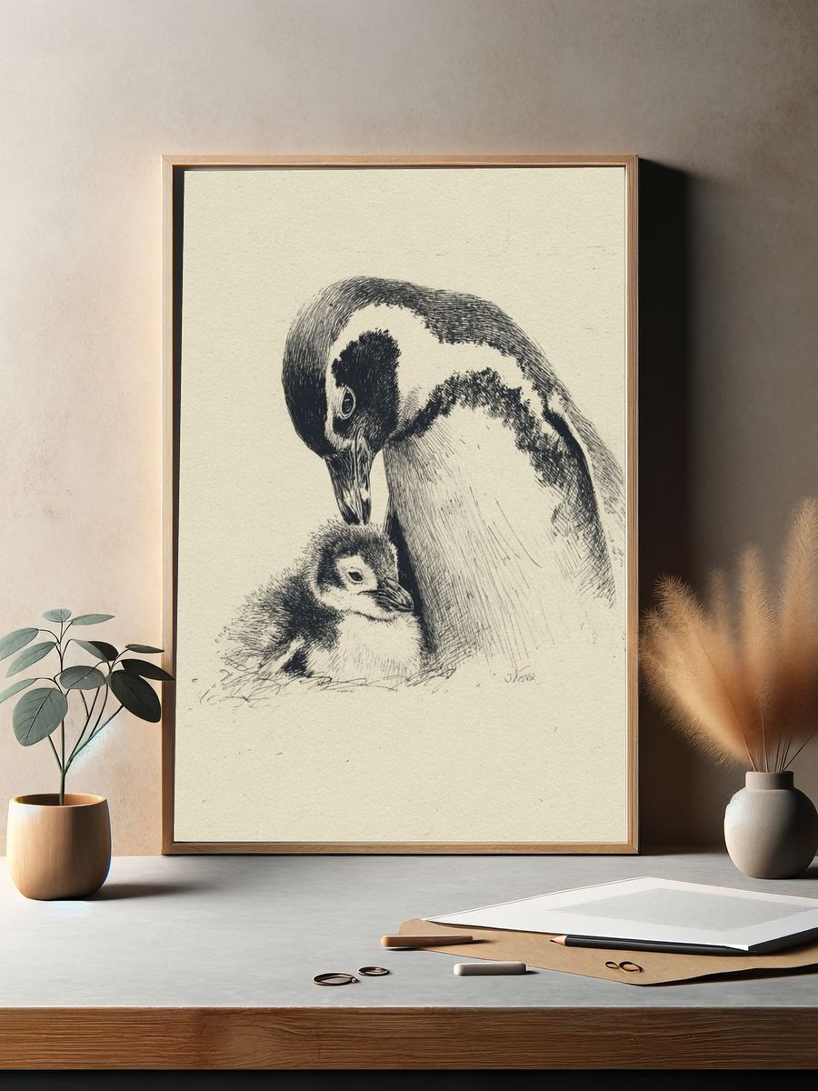 Penguin Parent and Chick Ink Print. — room view 2