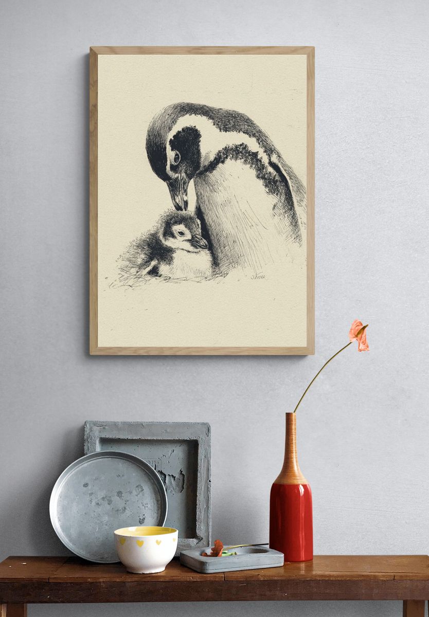 Penguin Parent and Chick Ink Print. — room view 3