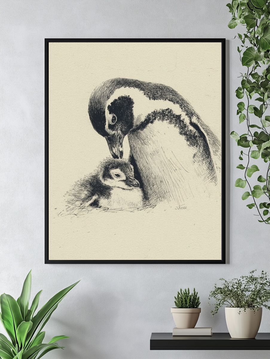Penguin Parent and Chick Ink Print. — room view 4