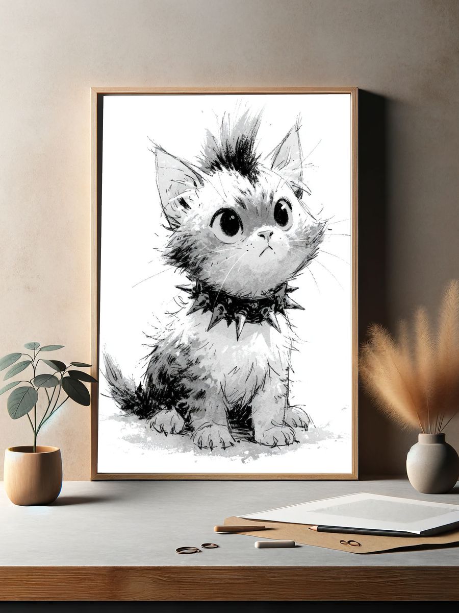 Cute Kitten Ink Sketch Poster. — room view 2