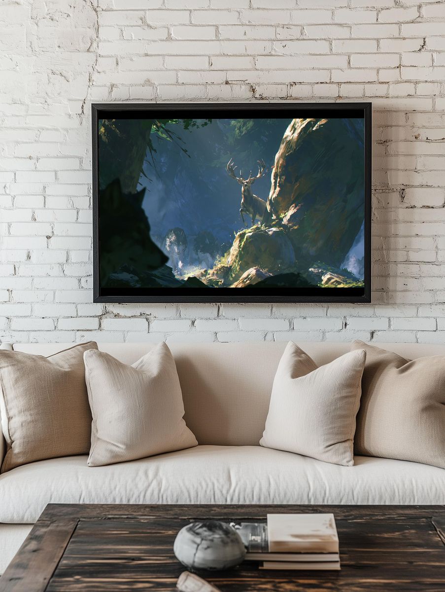 Deer in Misty Forest Print. — room view 1