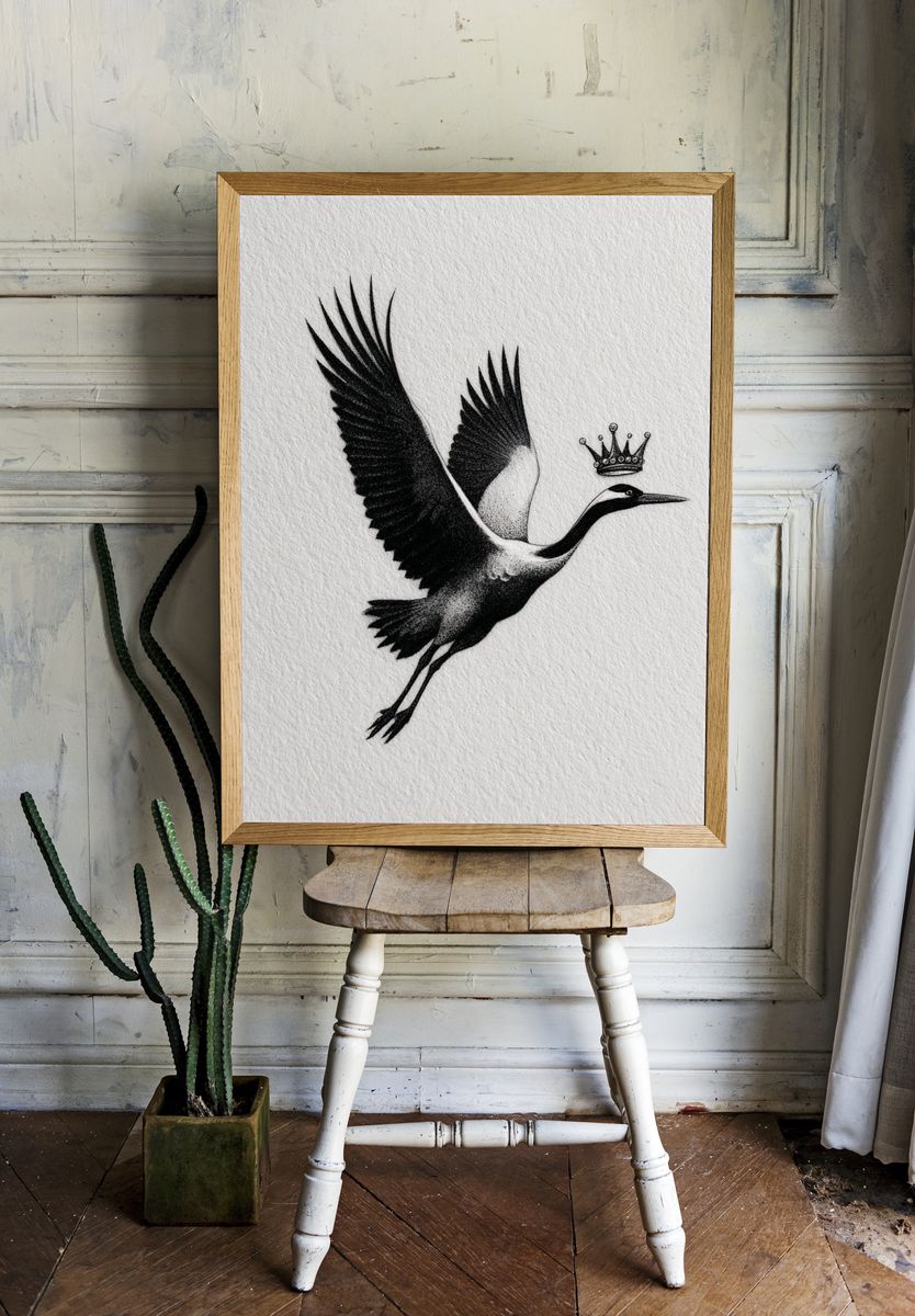Crowned Crane Ink Poster. — room view 1