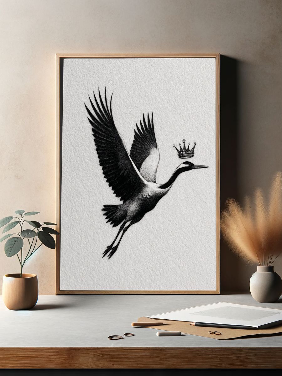 Crowned Crane Ink Poster. — room view 2